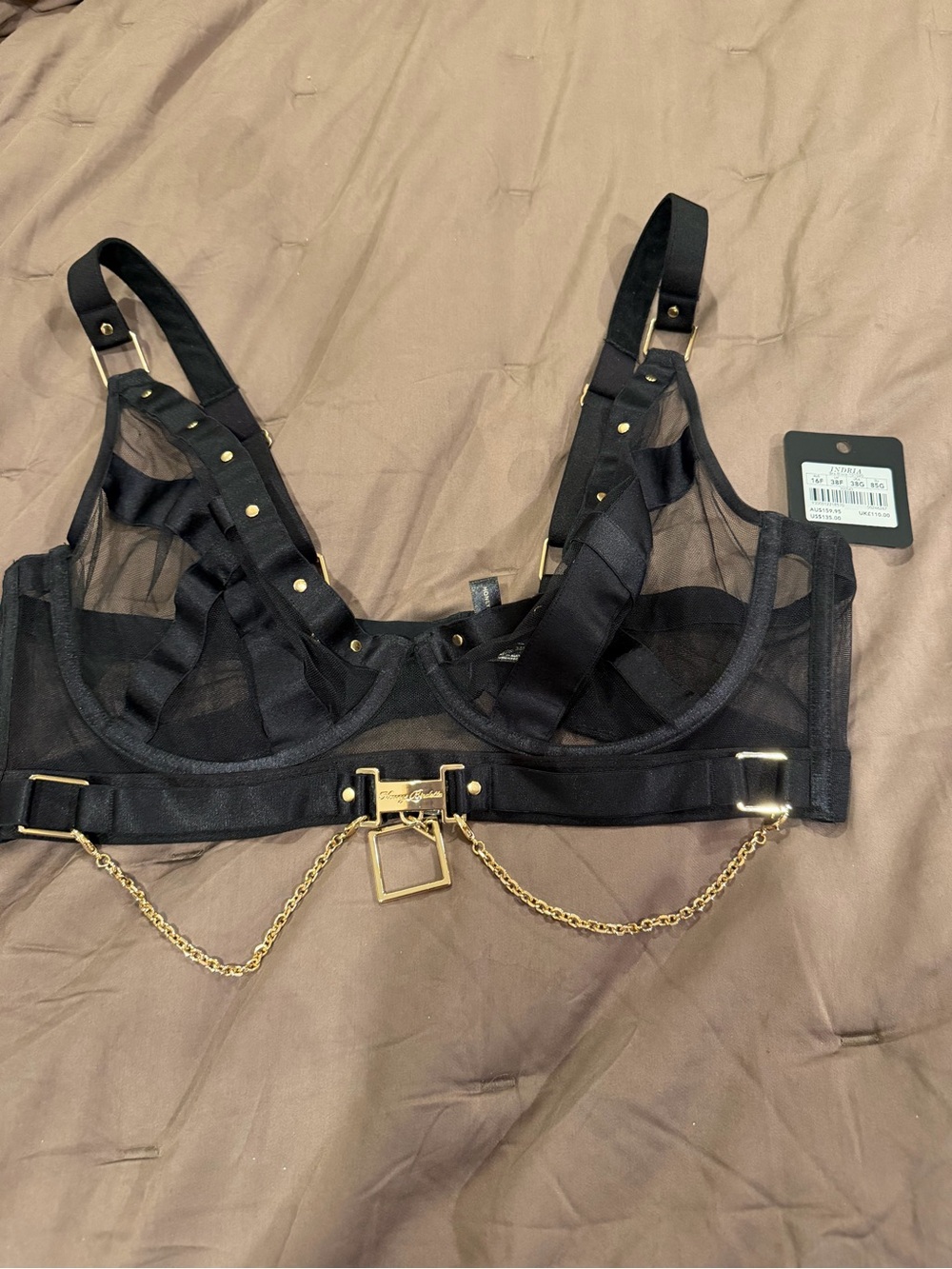 Honey Birdette Indria Strappy Black Sheer Mesh Harness Bra with Chain Detail 38G - Picture 3 of 5